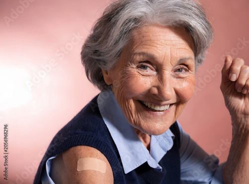 Smiling Senior Woman Showing Vaccination Bandage After Immunization