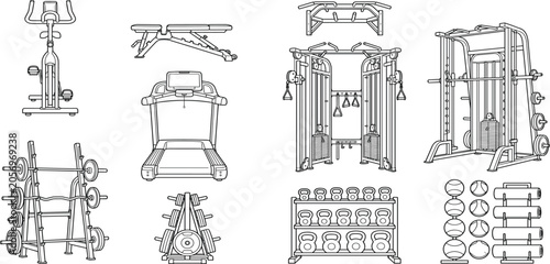 The illustration showcases various gym equipment including weights and machines.