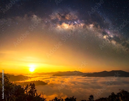 A breathtaking sunset over a mountainous landscape with a sea of clouds
