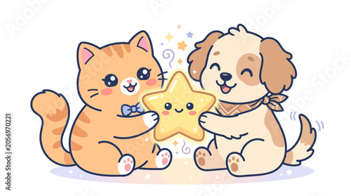 Obraz na plátně Cute cartoon dog and cat playing.