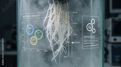Close up of plant roots growing in a laboratory hydroponic tank with digital data interface overlay showing nutrient density and oxygen levels
