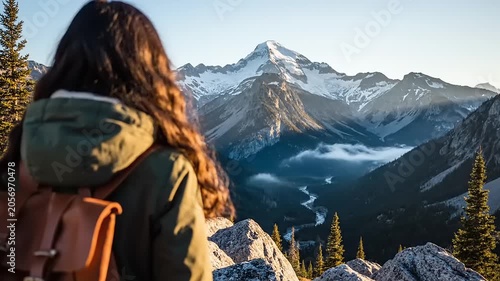 Woman Hiker Admiring Majestic Mountain Range and Scenic Landscape View.