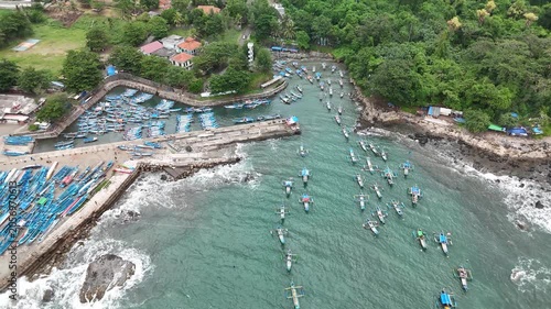 Orbit Drone View of Jayanti Fishing Harbor in Cidaun West Java Indonesia