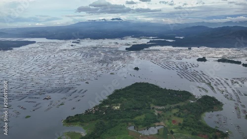 Ultra Wide Aerial View of Cirata Reservoir Fish Farms in West Java Indonesia