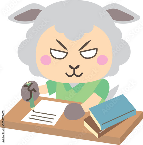 怒りながら鉛筆で書く羊のキャラクター
