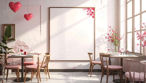 A bright and airy restaurant interior with a large blank frame on the wall