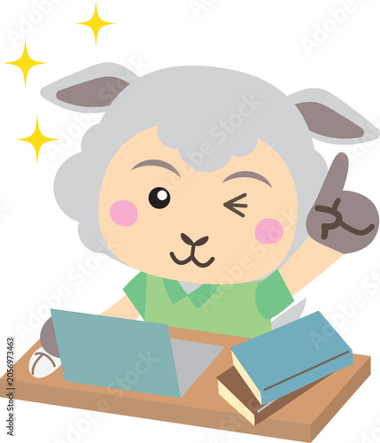 パソコンで学習しながらひらめく羊キャラクター