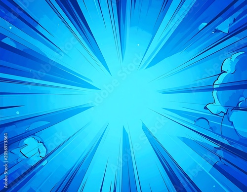 A bright blue background with radial lines and cartoon clouds