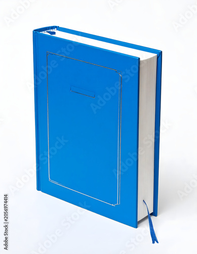 A bright blue hardcover journal standing upright on a white background