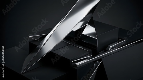 Geometric metal sculpture with sharp angles and reflections