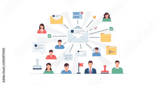 Email communication network with envelope and team icons