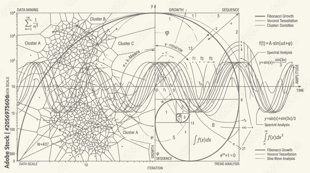 Obraz premium Abstract data mining chart with Voronoi diagrams and mathematical curves