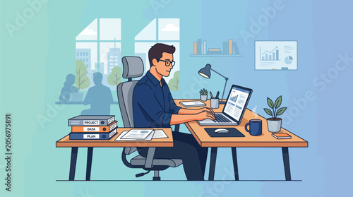 A person works diligently on a laptop at a desk in a bright office environment
