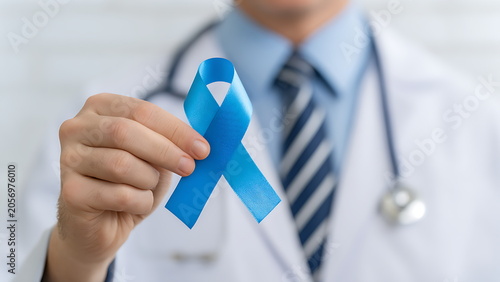  a doctor holding a blue awareness ribbon. concept of health awareness and cancer prevention campaign