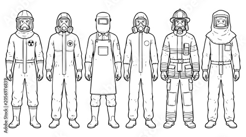 Professional workers wearing various protective gear suits for industrial safety in this detailed black white vector
