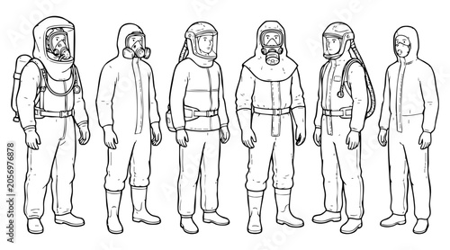 Foto Collection of professional workers wearing protective hazmat suits in a clean mi