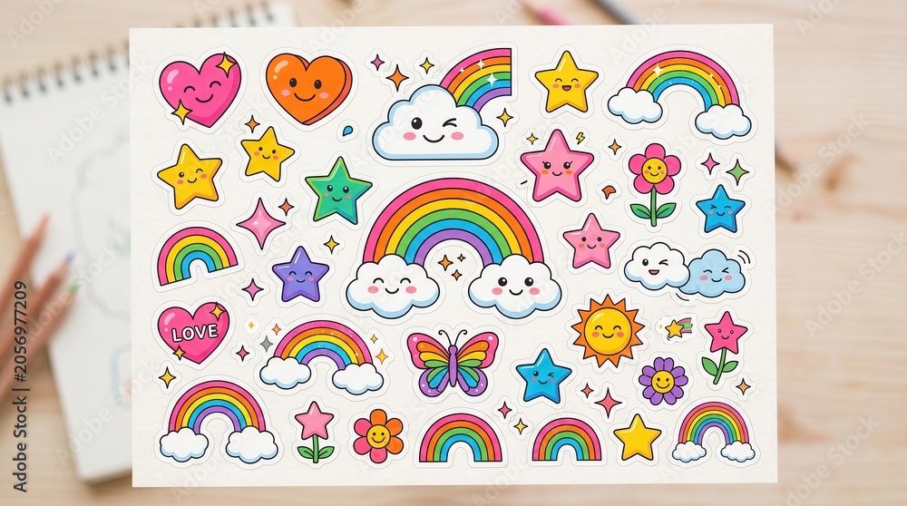 Naklejka premium Sheet of cute colorful stickers with smiling rainbows, stars, hearts, clouds, sun on a desk