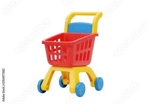 Red shopping cart with yellow handle on wheels for kids