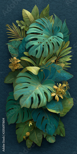Emerald Tropical Leaves Vertical Decorative Border