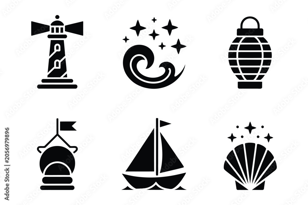 Naklejka premium Nautical and maritime symbols set for coastal navigation with nautical, maritime