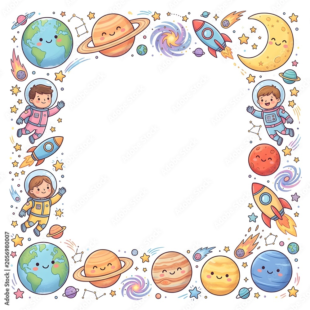 Fototapeta premium Cute space square frame with cute astronaut cartoon characters, rockets, pastel color planets and stars for kids design