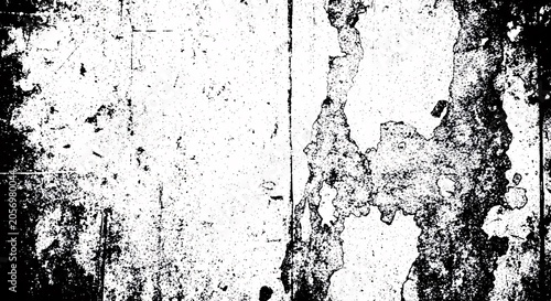 Distressed black and white grunge texture with peeling paint and heavy surface damage, showing a contrast, weathered, and aged wall effect