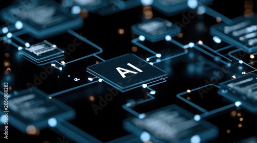 A close-up detail of a dark futuristic circuit board, featuring luminous blue channels, rectangular nodes, and bright orange dots. The atmosphere evokes networking and technology.