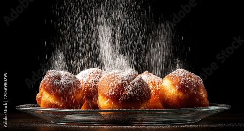 Powdered donuts on a glass plate