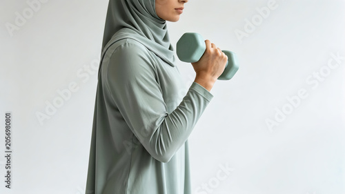 Close up of a Muslim woman in hijab training with a dumbbell, fitness and strength concept, isolated.