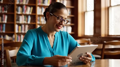 Woman in Glasses Reads Tablet in Library, Research and Education.