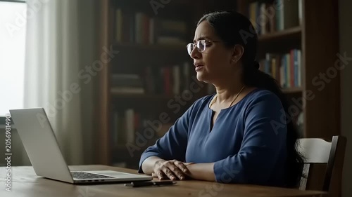 Woman in Glasses Working on Laptop in Home Office Environment.