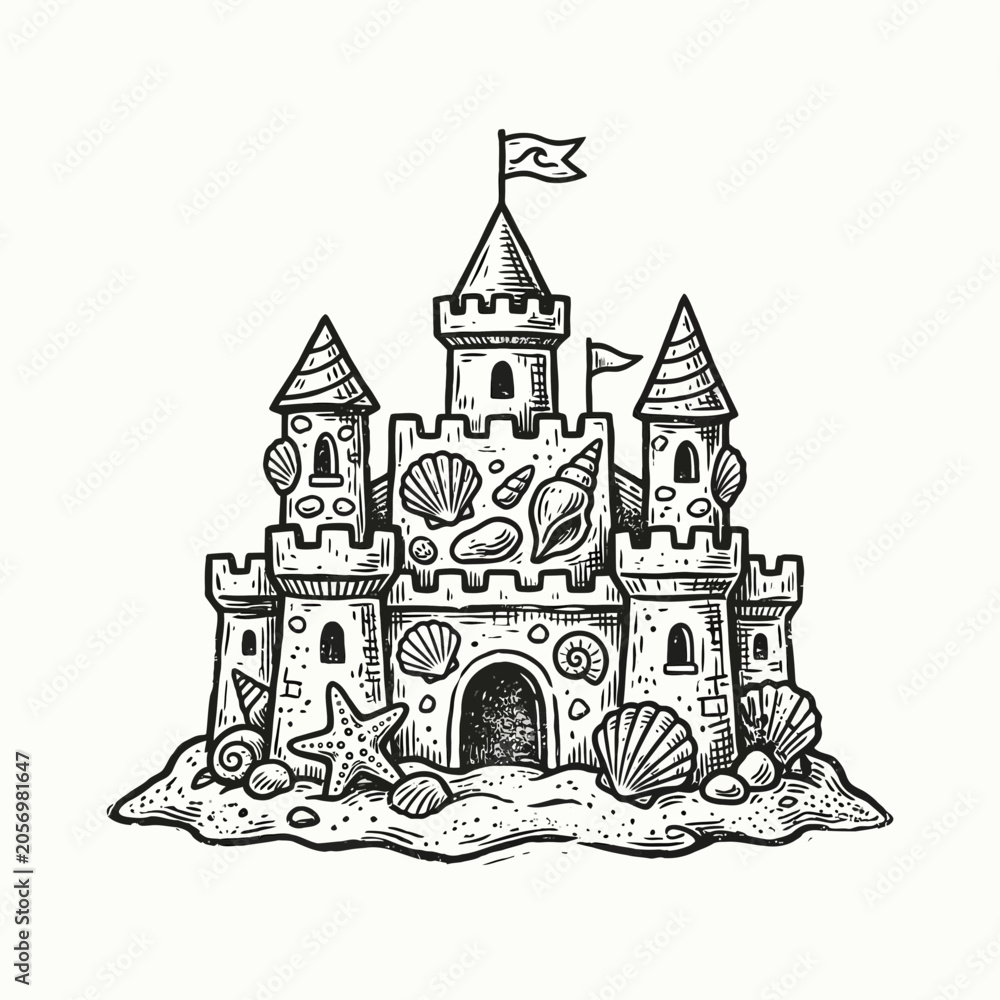 Naklejka premium Hand-drawn sandcastle with seashells, starfish, and flags on sandy beach, vintage sketch style