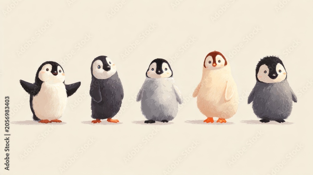 Fototapeta premium Cute penguins standing together in a natural wildlife group, adorable antarctic flightless seabirds with detailed feathers, charming animal scene representing nature, conservation, cold climate habita