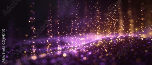 Particle wave background abstract glitter bokeh purple gold light sparkle fantasy energy flow celebration magic landscape effect, dreamy glowing dust light trail purple glitter bokeh background