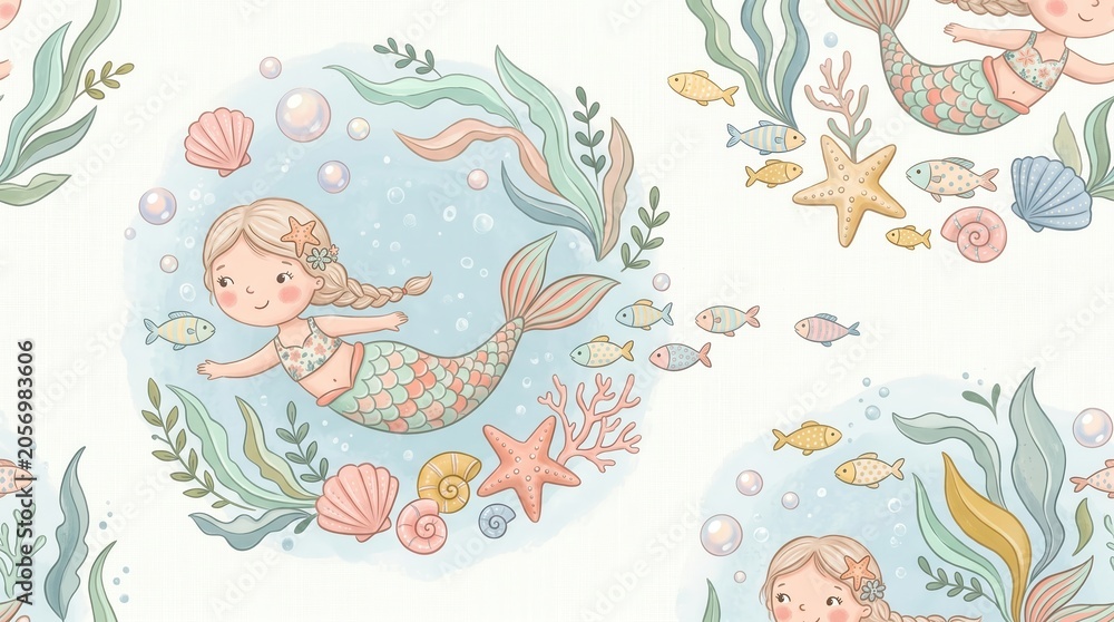 Naklejka premium Sweet mermaids swim with colorful fish, seashells, and coral in a bubbly ocean