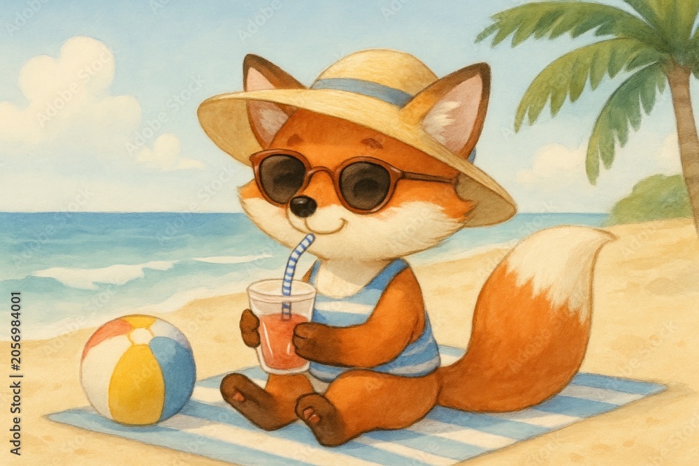 Fototapeta premium Cute fox enjoying beach vacation.