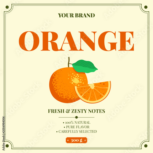 Orange label design with citrus fruit, orange slice and leaf. Fresh packaging template for beverage, lemonade, juice bottles, food branding. Vector illustration