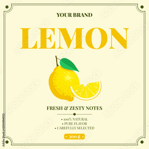 Lemon label design with citrus fruit, lemon slice and leaf. Fresh packaging template for beverage, lemonade, juice bottles, food branding. Vector illustration