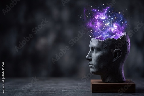 Matte dark grey concrete human head profile sculpture emitting a glowing purple galaxy and stars. Blurred dark studio background provides limitless conceptual copy space.