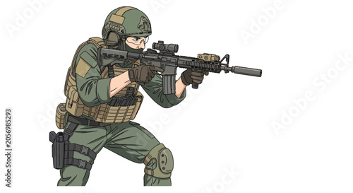 Fotografia Soldier in combat gear aiming rifle.