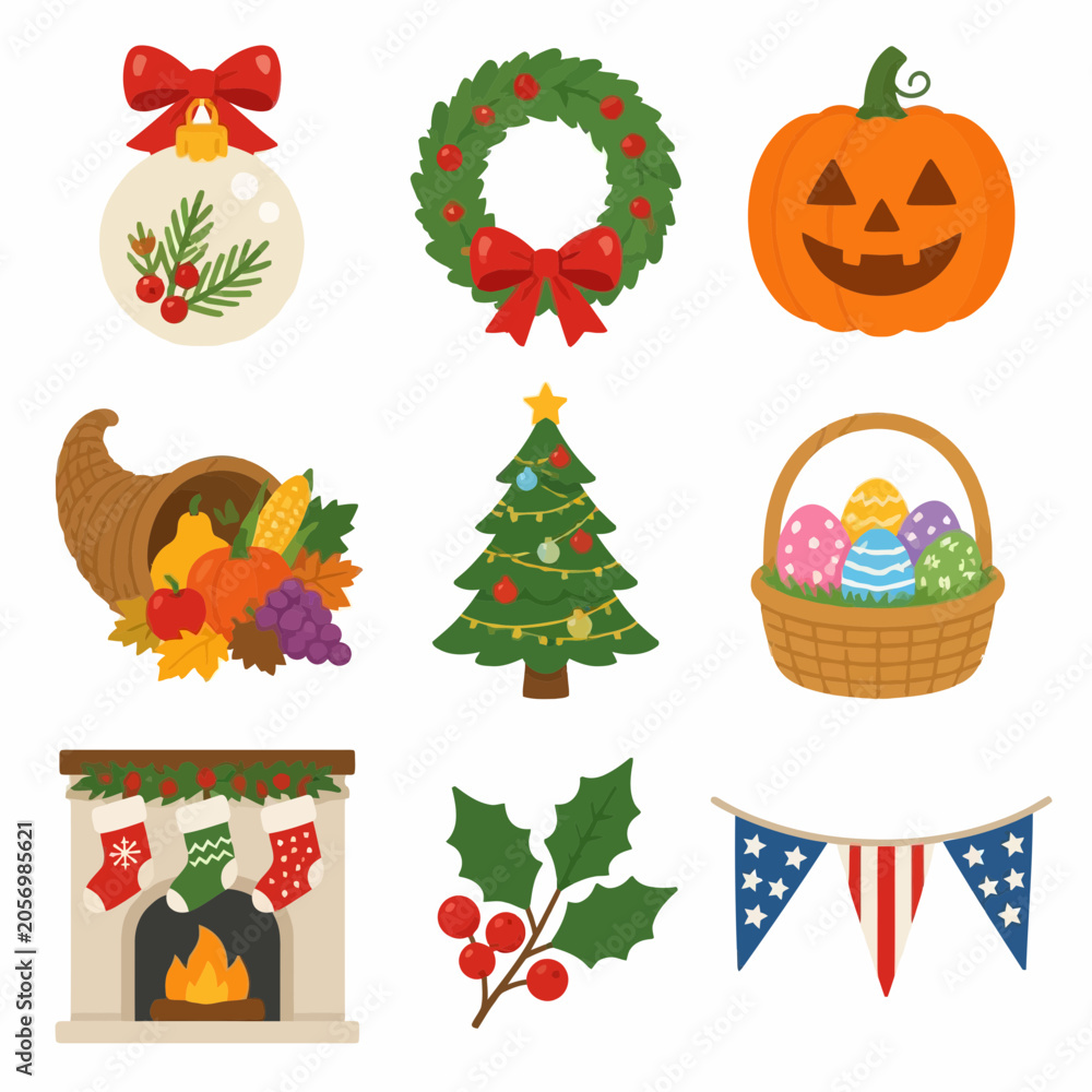 Fototapeta premium Set of flat holiday and seasonal vector icons including Christmas tree, wreath, jack-o'-lantern pumpkin, Thanksgiving cornucopia, Easter basket, fireplace with stockings, and patriotic bunting.