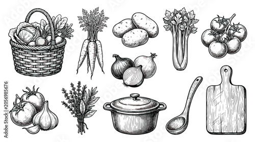 Quadro su tela Vintage hand drawn vegetables and kitchen tools set, rustic farm food sketches,