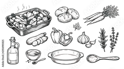 Quadro su tela Vintage hand drawn vegetable roasting set, rustic kitchen cooking elements vecto