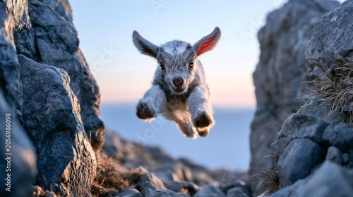 Agile Baby Goat Springing Over Rocky Path in a Majestic Landscape at Sunrise