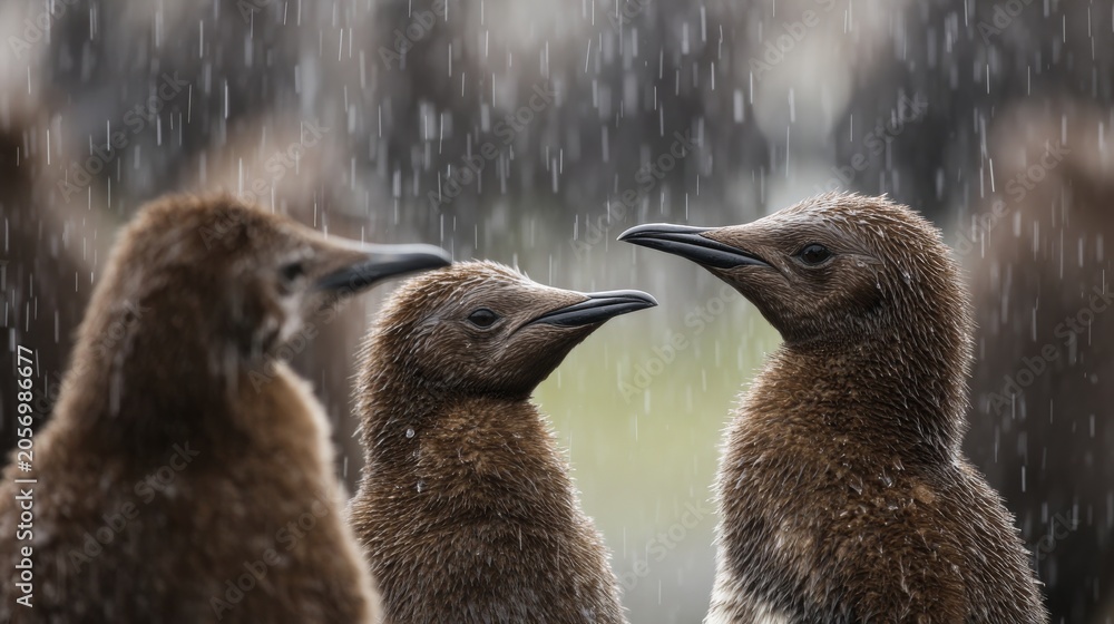 Obraz premium King penguin chicks gathered in creche during rainfall on subantarctic island, young aptenodytes patagonicus penguins huddling together for warmth and protection in wet coastal habitat, wildlife behav