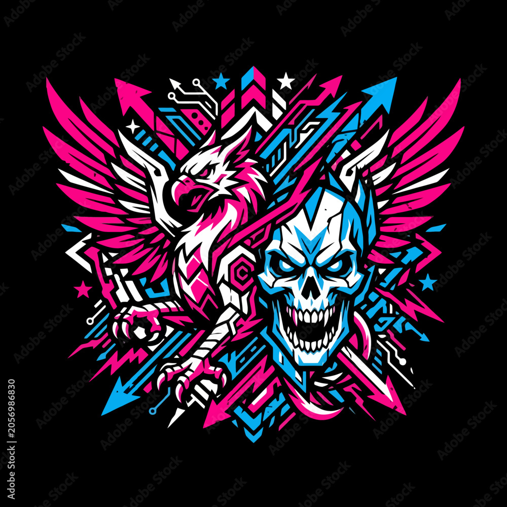 Obraz premium Skull and mythical bird graphic design on black