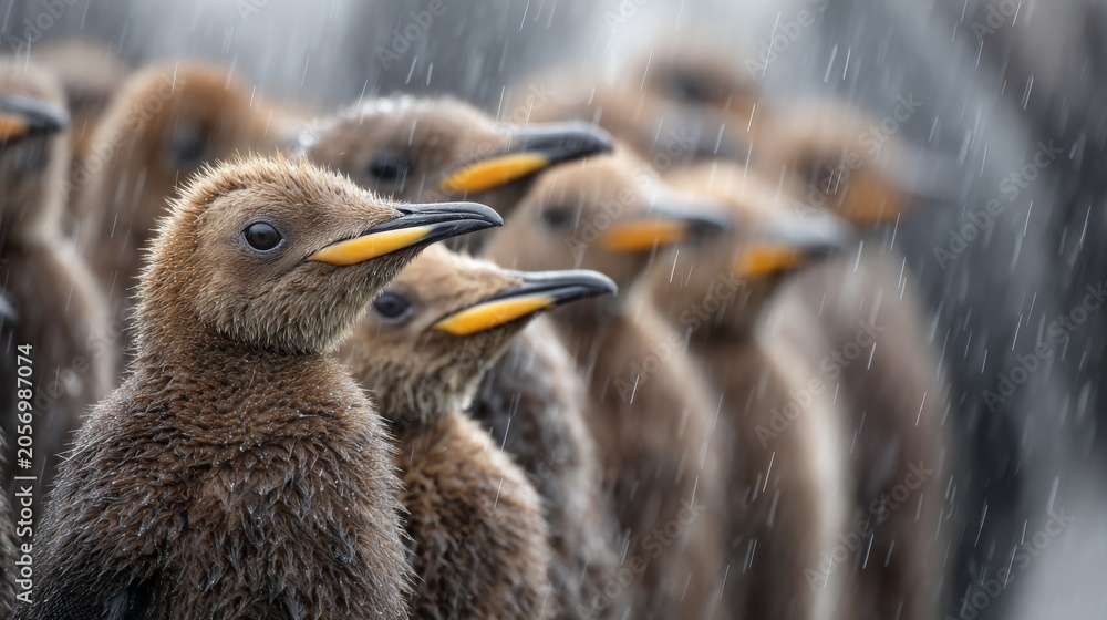 Obraz premium King penguin chicks gathered in creche during rainfall on subantarctic island, young aptenodytes patagonicus penguins huddling together for warmth and protection in wet coastal habitat, wildlife behav