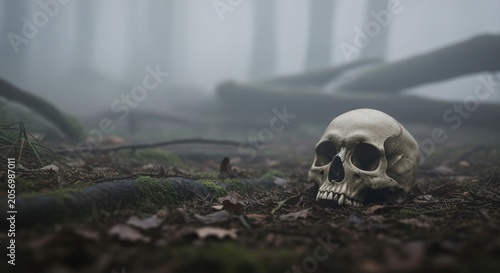 Eerie Skull Resting on Forest Floor with Foggy Background and Fallen Trees.