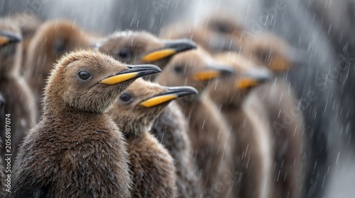 King penguin chicks gathered in creche during rainfall on subantarctic island, young aptenodytes patagonicus penguins huddling together for warmth and protection in wet coastal habitat, wildlife behav