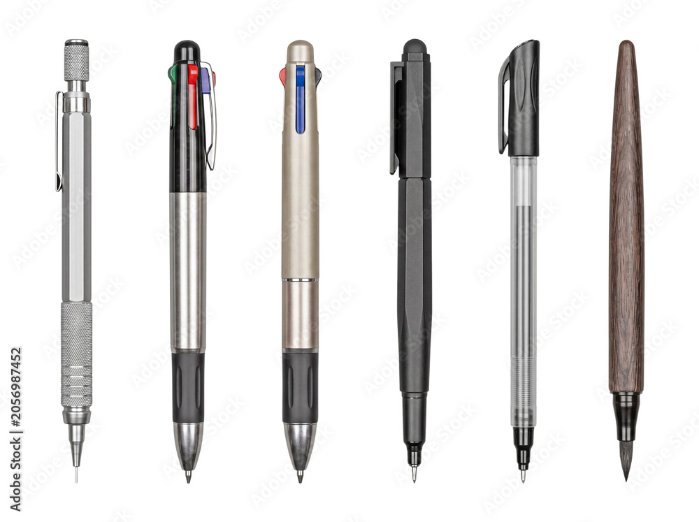 Fototapeta premium Diverse collection of professional writing and drawing instruments, including various pens, pencils, and markers.